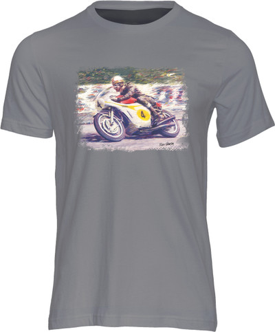 Mike Hailwood M.B.E. G.M., one of the all-time-greats of motorcycle sport history, depicted here at Quarterbridge in 1967 on the 500cc Honda-4. This race - the Senior TT - gave him his 12th TT win and completed his second hat-trick of victories.
