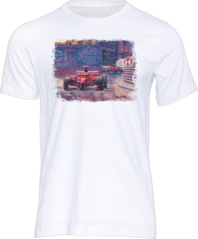 Stunning art print by Peter Hearsey, showing Michael Schumacher heading home to claim the top spot on the podium at the 1999 Monaco GP. Ferrari celebrated a one-two finish as Irvine claimed second place.