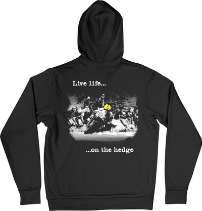 This stylish hoodie totally sums up the ethos of real road racing: Live life on the hedge!