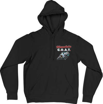 Our Mountain G.O.A.T. hoodie celebrates Michael’s achievement and the changing of the guard at the Isle of Man TT from one legendary Dunlop to another!