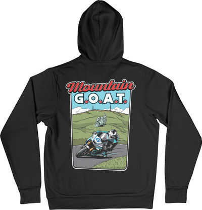Our Mountain G.O.A.T. hoodie celebrates Michael’s achievement and the changing of the guard at the Isle of Man TT from one legendary Dunlop to another!