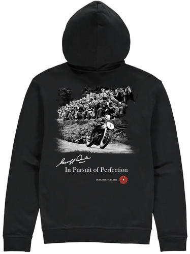 Multiple World Champion Geoff Duke in action on the course where he made his name and which he loved best, pictured on this high quality hoodie from Powersport Legends.