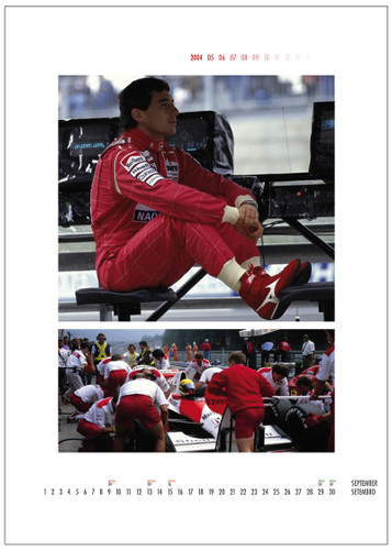 The calendar starts at the 10th Anniversary of Senna's death and instead of weekdays there are all his victories and poles at the appropriate days inscribed.