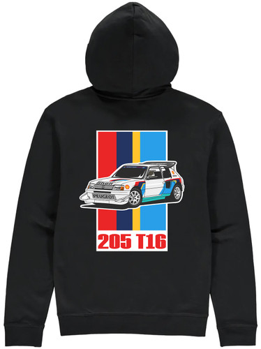 The 'Peugeot 205 T16' was the most succesful car in the Group B era, winning 16 rounds out of 26 entries and winning the manufacturer's title in 1985 and 1986.   This hoodie from the powersport gods collection is our tribute to an iconic Group B rally legend.