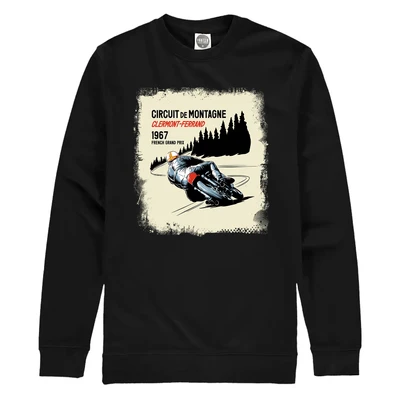 This sweatshirt captures Mike Hailwood in action at the 1967 French GP, riding the revolutionary RC166, 250cc "Honda Six" and is our tribute to one of the true greats of motorcycle sport.
