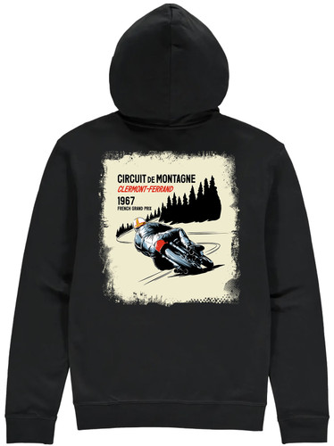 This hoodie captures Mike in action at the 1967 French GP, riding the revolutionary RC166, 250cc "Honda Six" and is our tribute to one of the true greats of motorcycle sport.