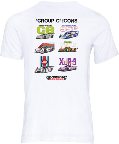 This t-shirt celebrates the 'Group C Icons' collection and is our tribute to some of the greatest World Sportscars of the 1980s and early 90s, including the Rothmans Porsche 956, Lancia XJR-9, Mercedes C9, Lancia LC2, Mazda 787B and the Peugeot 905.