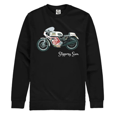 Our Slippery Sam sweatshirt pays tribute to this iconic bike and is a must have for any fan of the legendary machine and the great era of motorcycle racing that it thrived in.