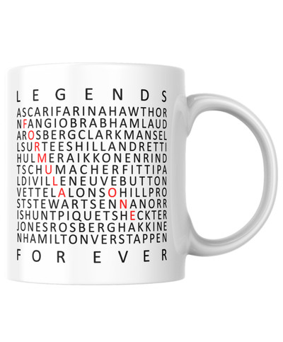This mug celebrates the world champions of Formula One, from Giuseppe Farina in 1950 to Lando Norris in 2025.