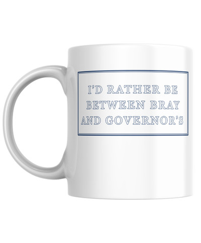 Isle of Man TT themed mug with "I'd Rather be Between Bray and Govenors" on the front and the famous Isle of Man TT Course outline on the back.