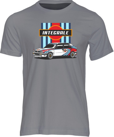 The Lancia Delta Integrale, the world's most successful rally car that won six world titles in six years.  This t-shirt is our tribute to one of the great 'Group A' rally legends.