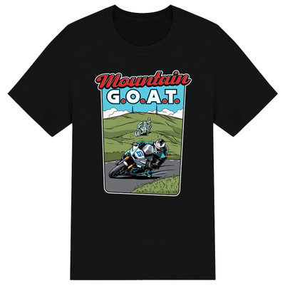 Our Mountain G.O.A.T. t-shirt celebrates Michael’s achievement and the changing of the guard at the Isle of Man TT from one legendary Dunlop to another!