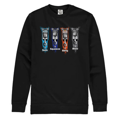 This quality cotton, print-on-demand sweatshirt, celebrates the mechanical marvel that is the four-stroke engine with it's Suck, Squeeze, Bang, Blow "Otto" cycle.