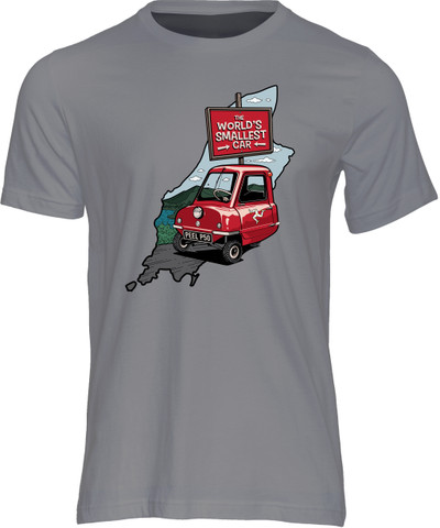 Celebrate the World's smallest production car, the three-wheeled Peel P50, that was originally made by the Peel Engineering Company in the Isle of Man, with this t-shirt from Powersport Legends!
