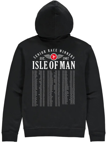 Isle of Man Road Races Shadow Bike 2027 hoodie, featuring a back-print of all the Senior TT winners since 1907.