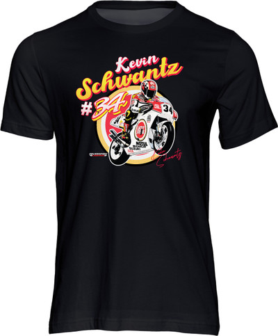 Kevin Schwantz burst on to the scene in 1986 at the Transatlantic Challenge races and went on to quickly establish himself as a favourite of the fans, who watch Schwantz’s rapid rise from rookie to World Championship title challenger.  Celebrate the career of one of the great Bike GP heroes with this stylish t-shirt from powersport legends.