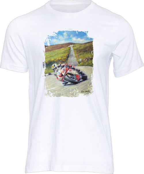 This wonderful Isle of Man TT art print t-shirt features road racing legend Michael Dunlop.