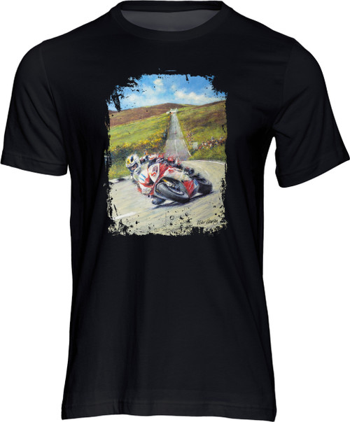 This wonderful Isle of Man TT art print t-shirt features road racing legend Michael Dunlop.