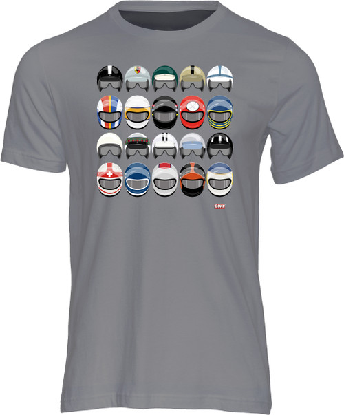 The Grand Prix Helmets T-shirt celebrates the 20 iconic and brilliant helmet liveries from the 1960s and 1970s.