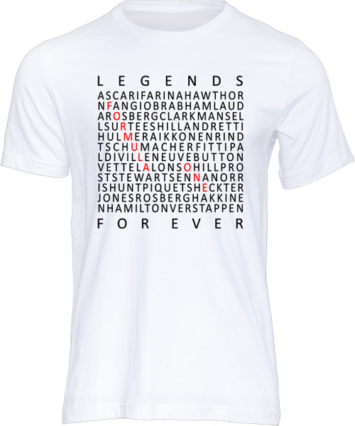 This t-shirt celebrates the world champions of Formula One, from Giuseppe Farina in 1950 to Lando Norris in 2025.