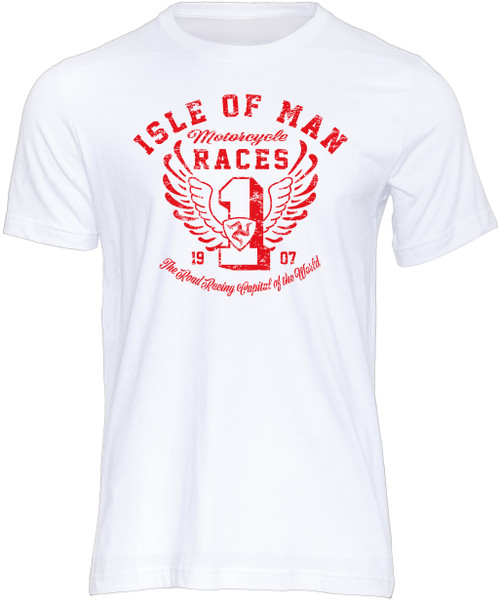 Isle of Man Road Races Distressed Wings T-Shirt Red on White Isle of Man Road Races Distressed Wings T-Shirt Red on White