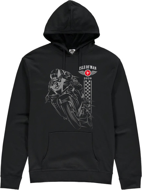 Isle of Man Road Races Shadow Bike 2026 hoodie, featuring a back-print of all the Senior TT winners since 1907.