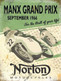 A classic Manx Grand Prix advertising poster featuring Norton 'Manx' racers wearing the iconic 'Mountain Mile' fairings.