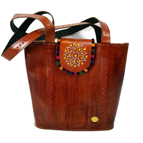 Leather Tote with Embroidery Brown