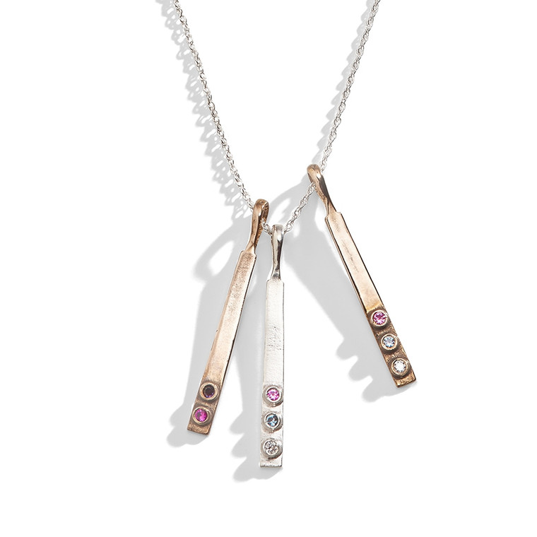 Minimalist Modern Birthstone Bar Necklace in bronze and sterling silver.