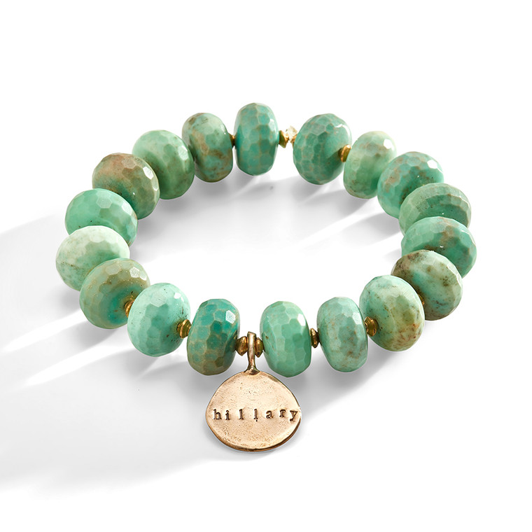 Glastonbury Green Stone and Brass Bracelet with Personalized Bronze Charm