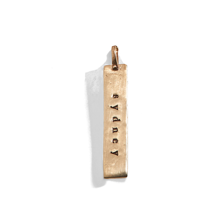 Double Sided Hand Stamped Personalized Rectangle Tag Charm in Golden Bronze.