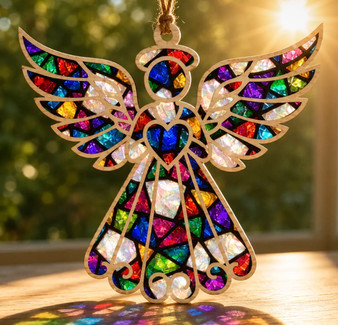 Angel Stained Glass Ornament, Rainbow Wood Suncatcher