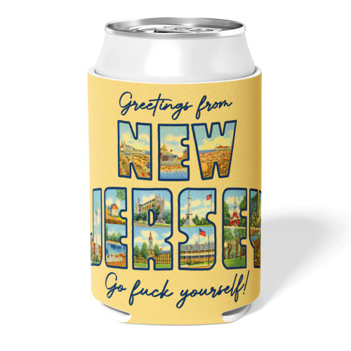Crack open a can of cold Jersey attitude. 

This collapsible can cooler is the perfect insulator for any 12 ounce can or bottle. It folds to fit in your pocket or bag when not in use. Plus the design is printed on both sides of the cooler for your viewing pleasure.
