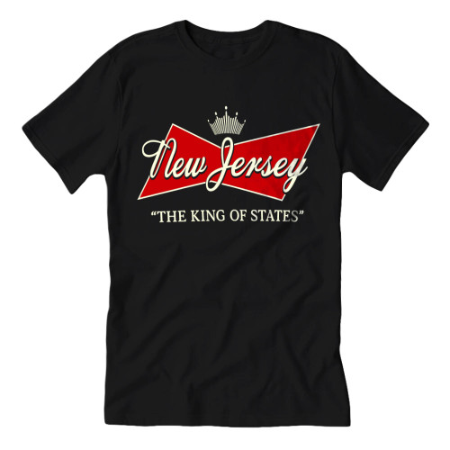 The old Budweiser logo may not adorn the Newark skyline anymore, but never doubt for a moment who truly wears the crown. Cheers to New Jersey - the true king of the states!

Made from pre-shrunk ring-spun cotton for an ultra soft feel and it fits like a standard band tee; not too snug and not too baggy with straight sides for a little bit of looseness in the shoulders and waist. Suitable for wearing out on the town or lounging around the homestead.