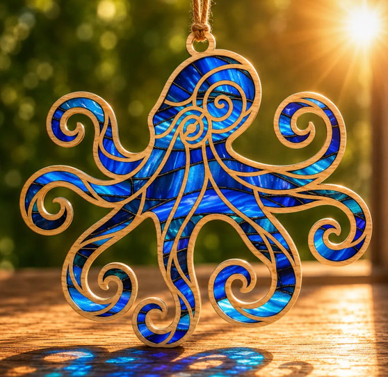 Octopus Stained Glass Ornament, Blue Ocean Suncatcher