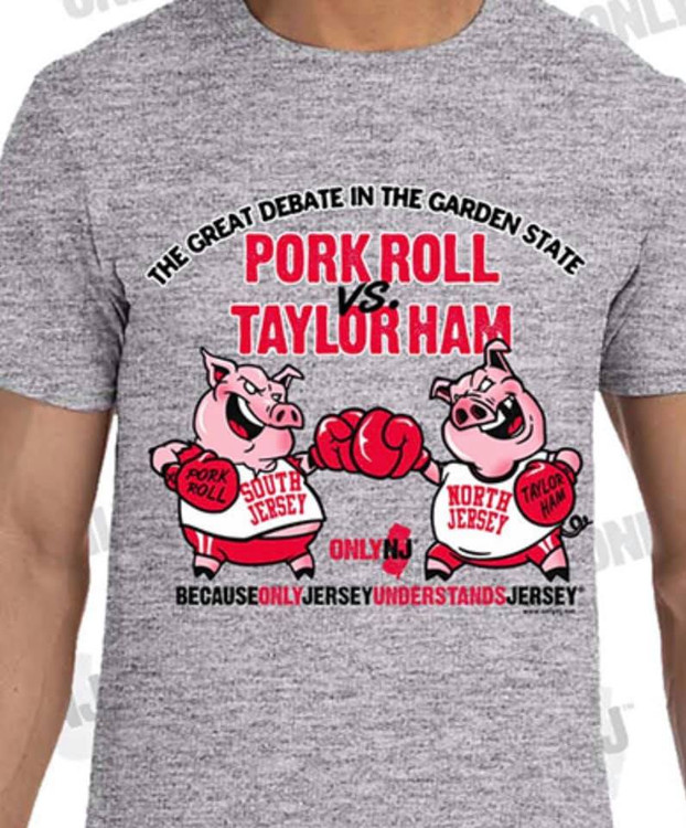 100% Cotton Heavyweight T-Shirt with High Quality Silkscreened Image featuring the “Great Debate in the Garden State”, Is it Pork Roll or is it Taylor Ham?