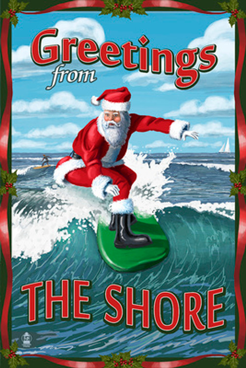 Greetings From The Jersey Shore- Santa Surfing Refrigerator Magnet