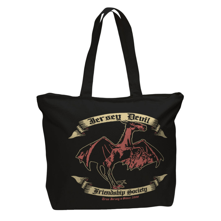 May we all be friends to the Jersey Devil and cross the pines in peace. Cheers to the Garden State's most iconic cryptid.
Made from 12oz. soft and sturdy cotton canvas. Measures approximately 20 inches wide, 15 inches tall, and with a 5 inch bottom gusset for ample storage capacity. The handles are about 23 inches long making for a 10 inch drop. It has a zipper on the main compartment as well as a small zippered interior pocket for small valuables.