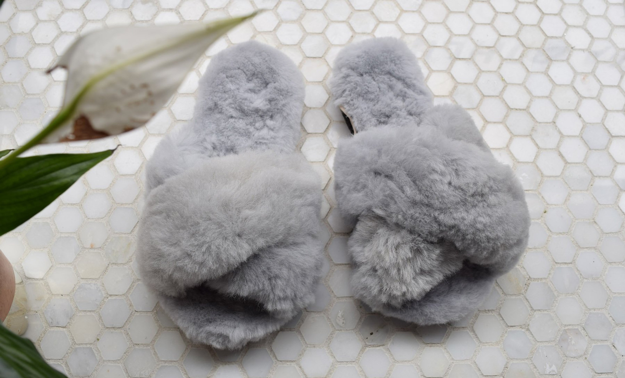 Grey criss cross slippers clearance