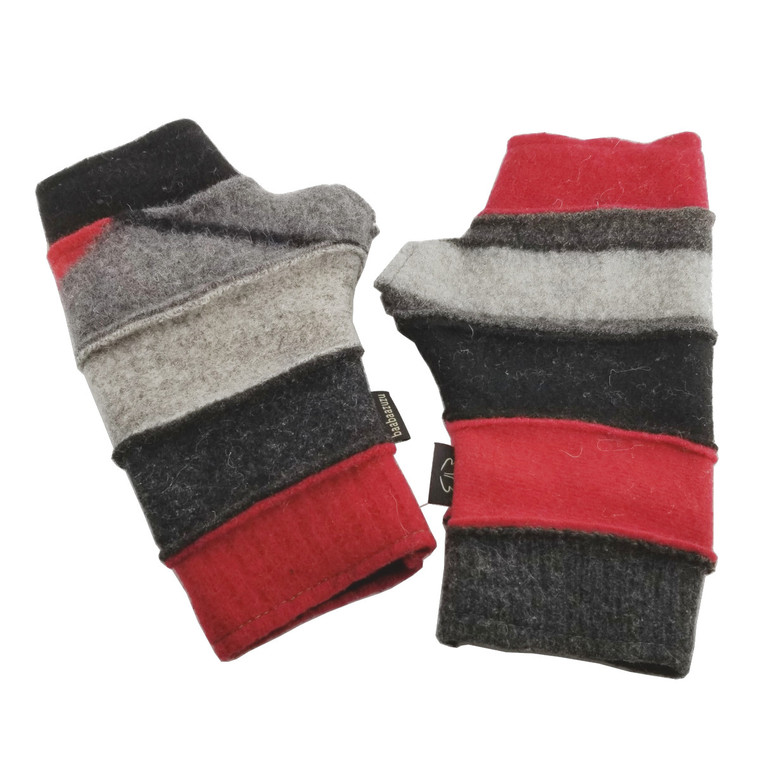 Upcyled Fingerless Gloves - Red, Black, Grey