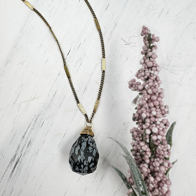 Zara Drop Necklace - Snowflake Obisidian Gemstone