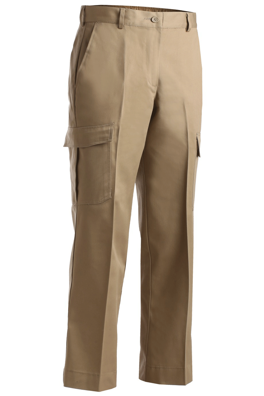 Ladies flat front poly cotton cargo work pants in tan