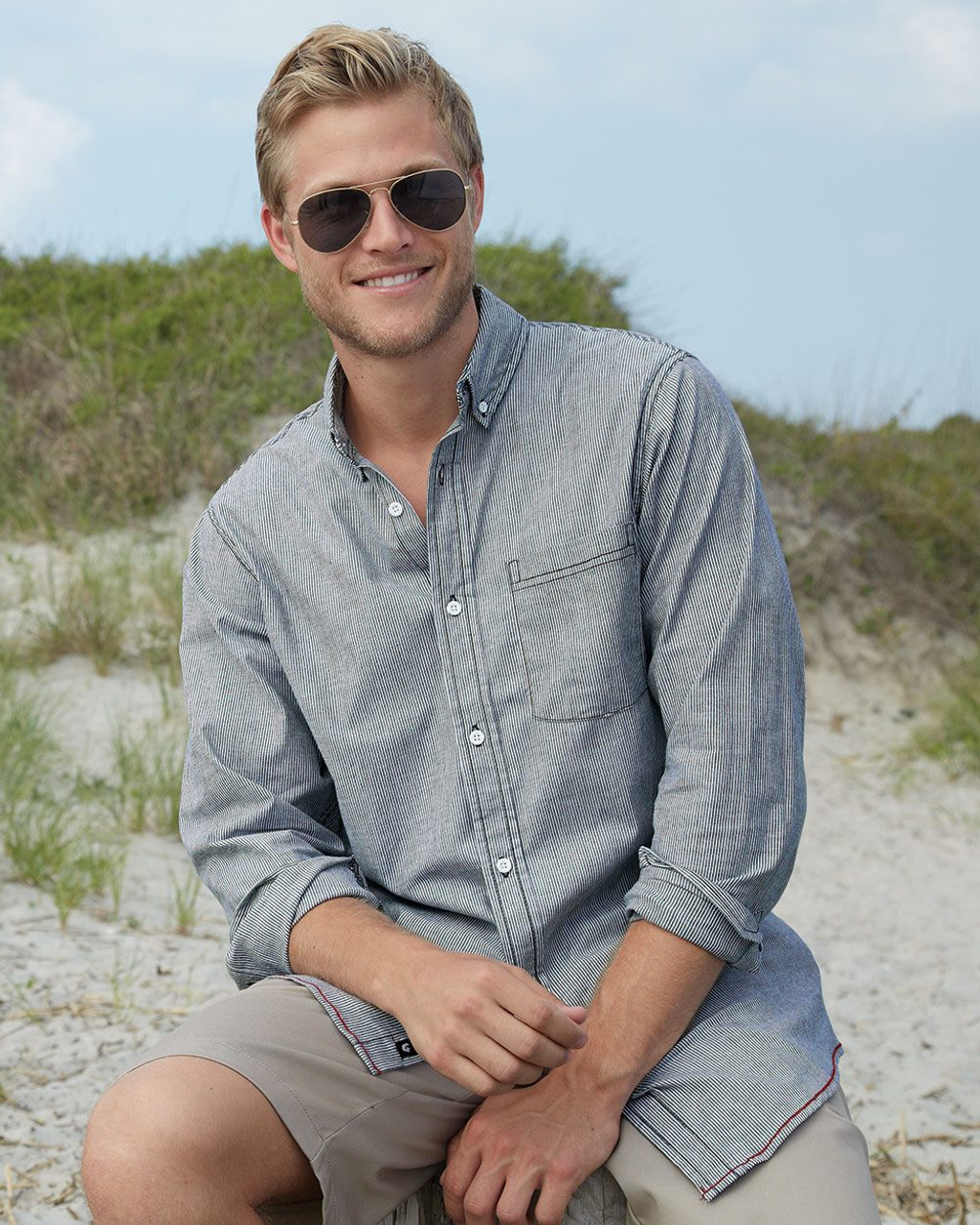 Navy Comfort Stretch Striped Employee Shirt