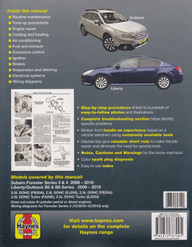 Subaru Forester 2008 - 2018, Liberty / Outback 2009 - 2019 Workshop Manual (Haynes, 89712)
