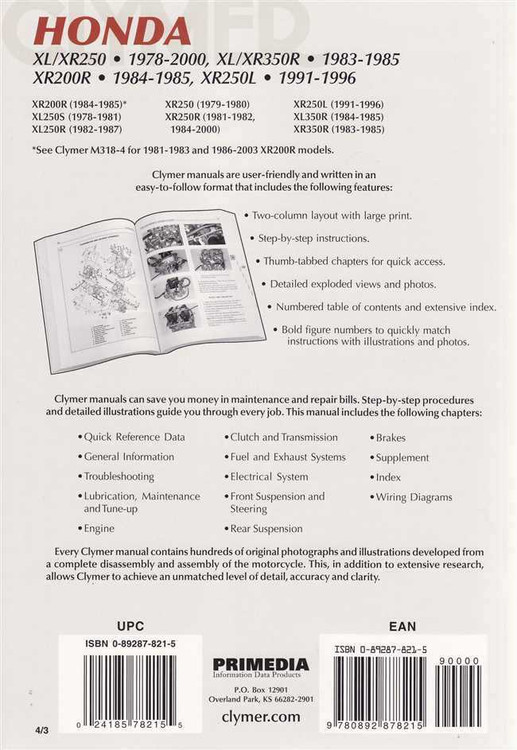 Clymer Repair Manual Fits Honda Xl250R,Xl350R,Xr350R,Xl250S,Xr250,Xr250R M328-4