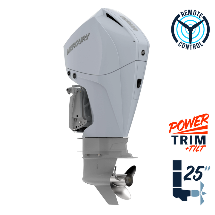 New Mercury 225XL FourStroke Cold Fusion White 4.8" 1.85  25" Shaft Power Trim & Tilt Remote Outboard 12250010A