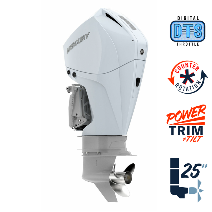 New Mercury 225CXL FourStroke DTS Pearl Fusion White 4.8" 1.85  25" Shaft Power Trim & Tilt Outboard 12250020A