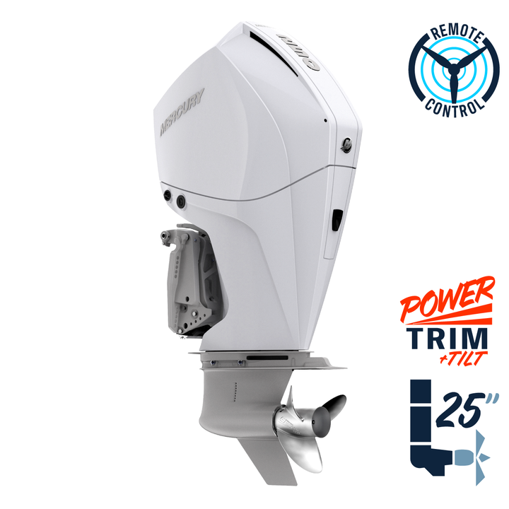 New Mercury 250XL FourStroke Pearl Fusion White 5.44" 1.75  25" Shaft Power Trim & Tilt Remote Outboard 12500012A