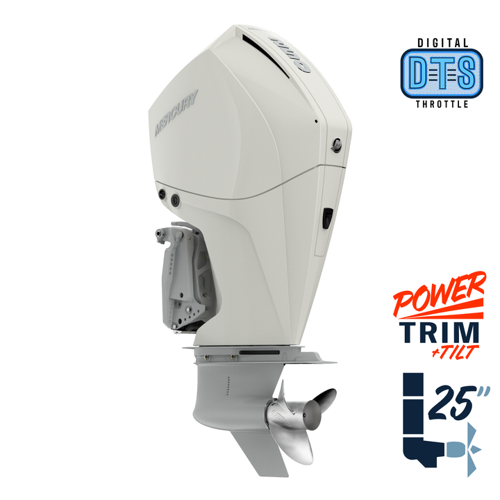 New Mercury 250XL FourStroke DTS Warm Fusion White 5.44" 1.75  25" Shaft Power Trim & Tilt Outboard 12500015A