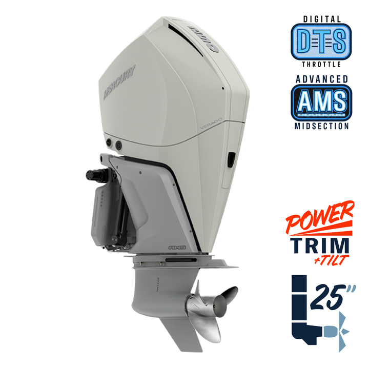 New Mercury 250XL Verado Warm Fusion White 5.44" 1.85 Cambered Skeg  25" Shaft Power Trim & Tilt Outboard 12500053A